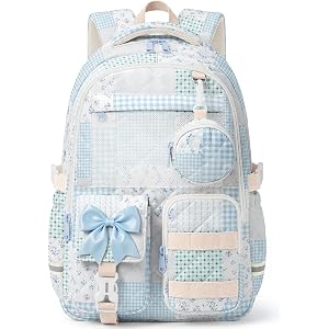 WOBAGMEN Quilted Backpack for Girls with Mesh Display Pocket | Cute Kawaii Floral School Bookbag for Pins, Badges, Plushies,