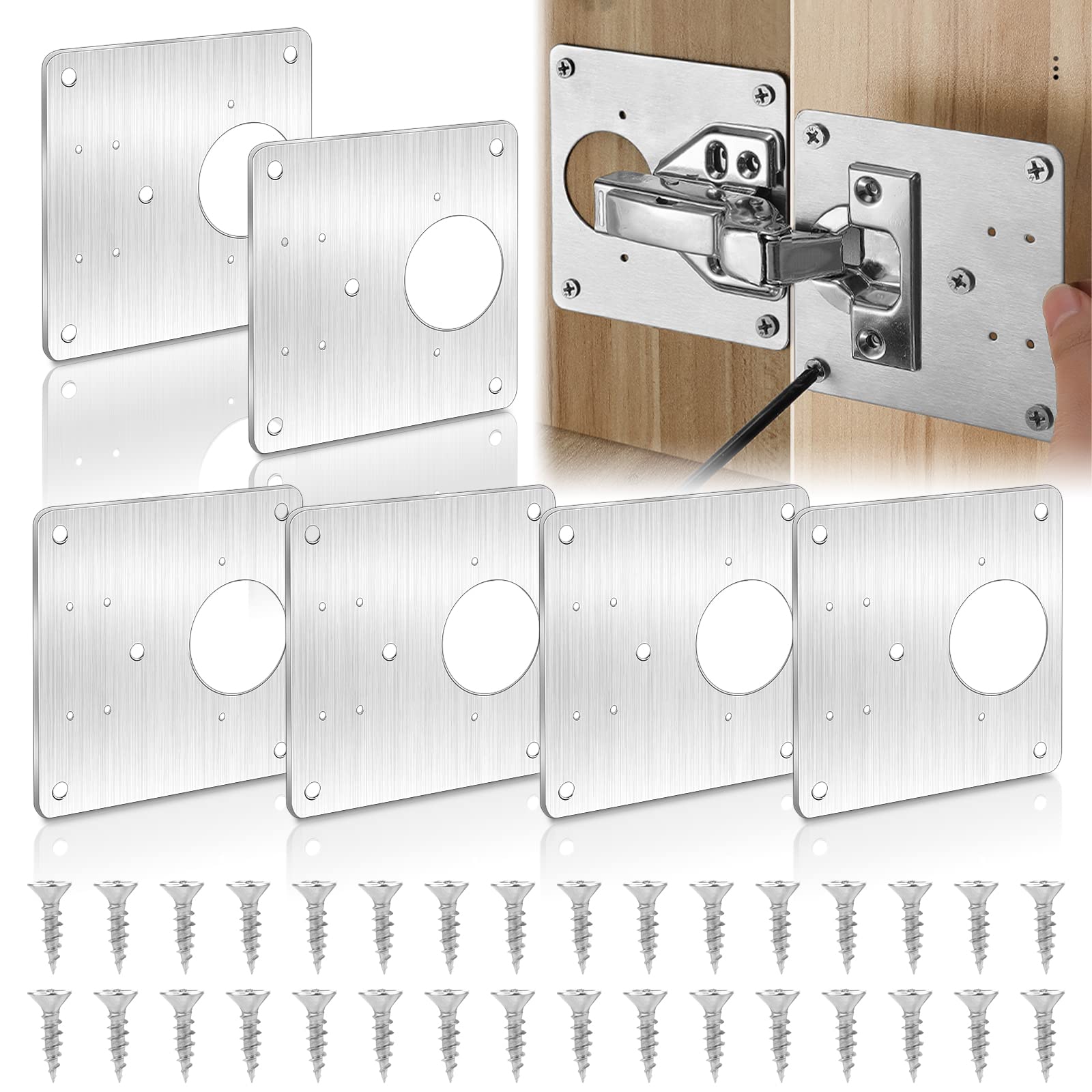6 Pcs Hinge Repair Plate, Stainless Steel Cabinet Hinges Repair Brackets with 36 Pcs Fixing Screws, Kitchen Cupboard Door Hinge Repair Plate for Wood Furniture Wardrobe Window Door Repair