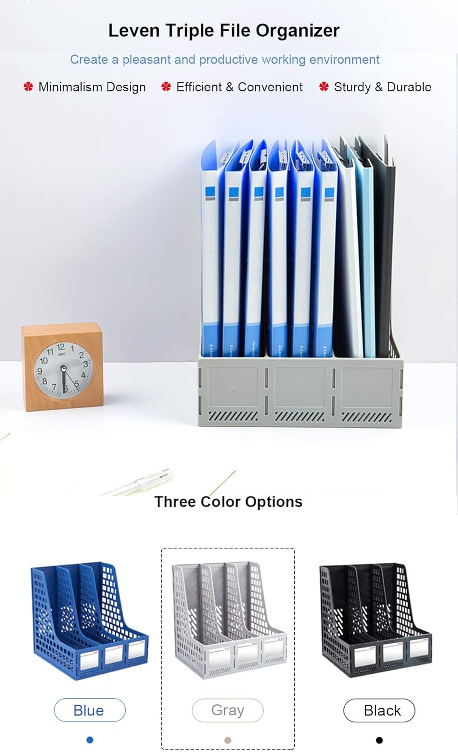 Leven Sturdy Magazine File Holder Desk Organizer File Folder for Office Organization and Storage with 3 Vertical Compartments (Gray) : Office Products