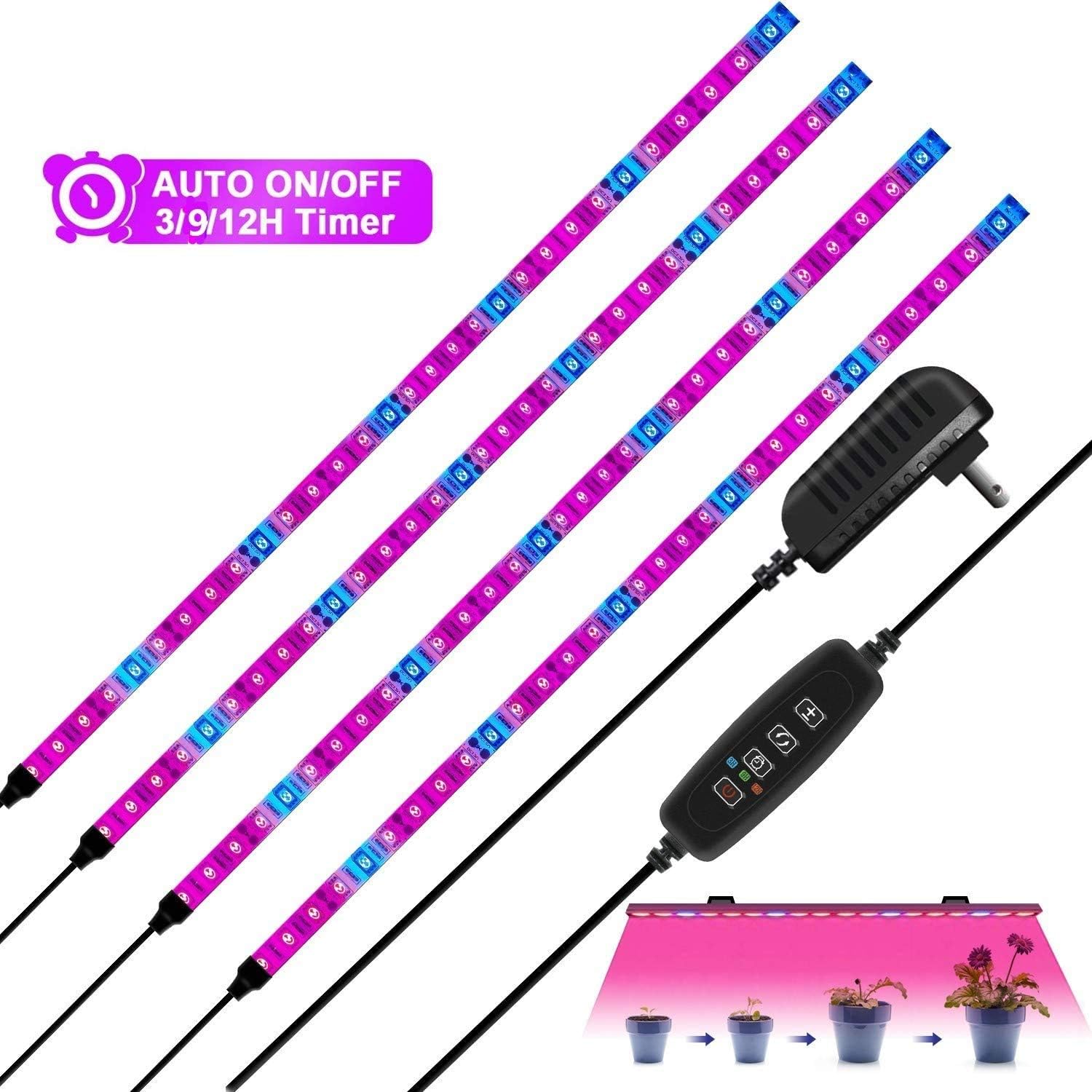 HRDJ LED Grow Light Strips, 4Pcs 1.6ft/Strip Plant Light for Indoor Plants Auto ON&Off with 3/9/12H Timer,10 Dimmable Levels, 24W Flexible Soft Plant Grow Light for Indoor Plants,Plant Growing