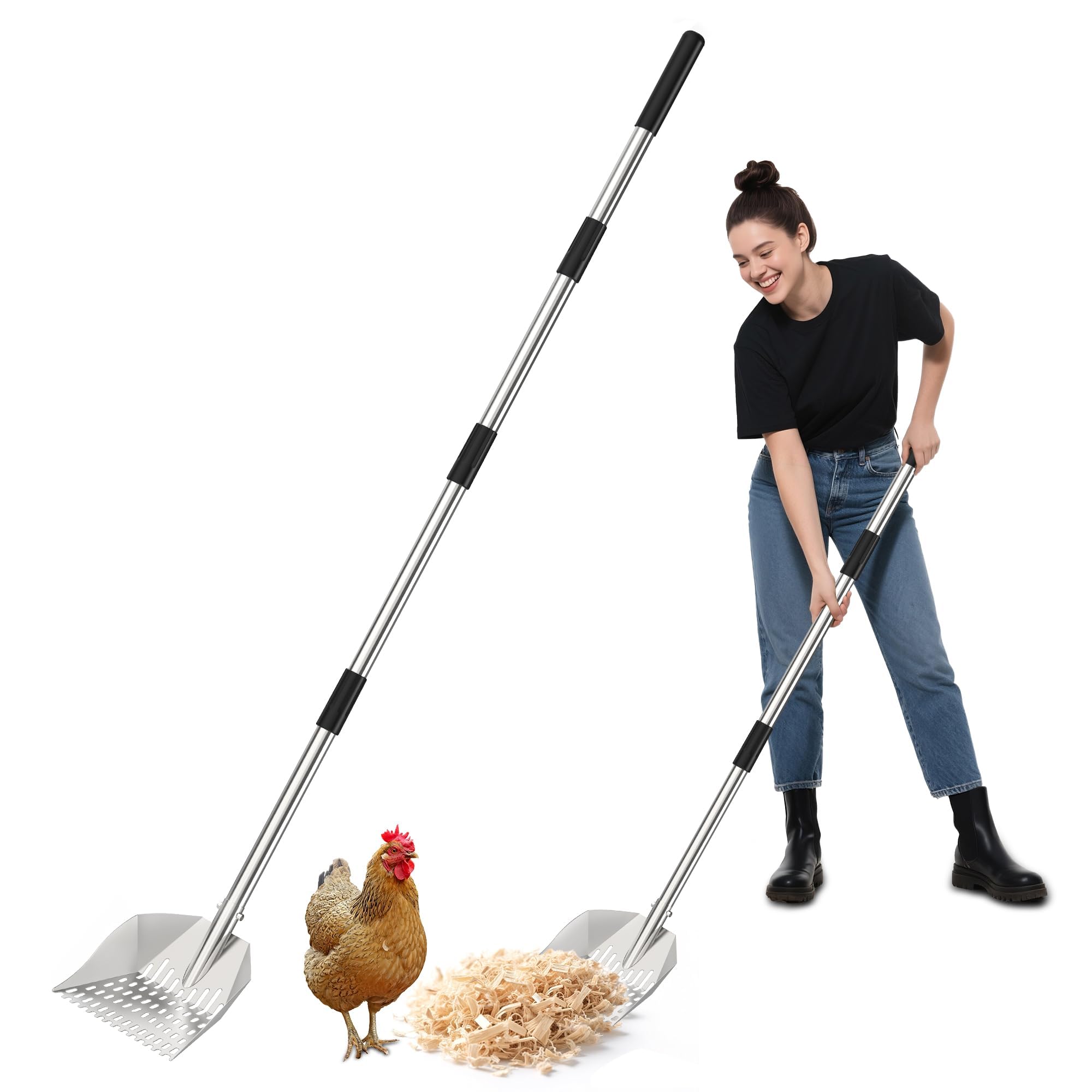 Photo 1 of Chicken Poop Scooper: 2-in-1 Rake & Sifter - Silver Chicken Coop Scooper for Sand with Adjustable Stainless Steel Handle (35-59") for Small Spaces