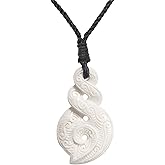 81stgeneration Double Pikorua Carved Bone Pendant with Spiral Engravings - Koru Taonga Maori Style Bone Necklace - Amulet Surfer Hawaii Necklace - Natural Material Adjustable Cord Tribal Necklaces