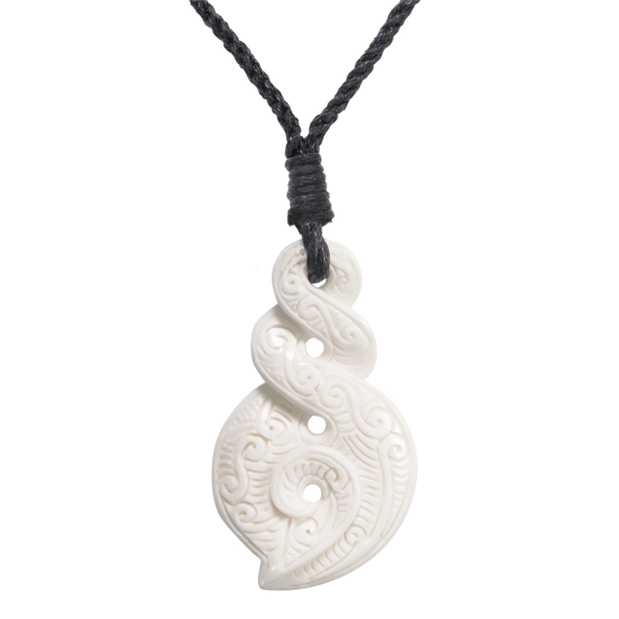 81stgeneration Double Pikorua Carved Bone Pendant with Spiral Engravings - Koru Taonga Maori Style Bone Necklace - Amulet Surfer Hawaii Necklace - Natural Material Adjustable Cord Tribal Necklaces