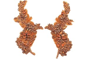 SAIXCCS 1 Pair Handmade Flower Rhinestone Applique for Clothes, Crystal Fabric Patches for Wedding Dress, Bling Beaded Embroidery Lace Applique for Hat Hairband Sewing Embellishment (Orange)