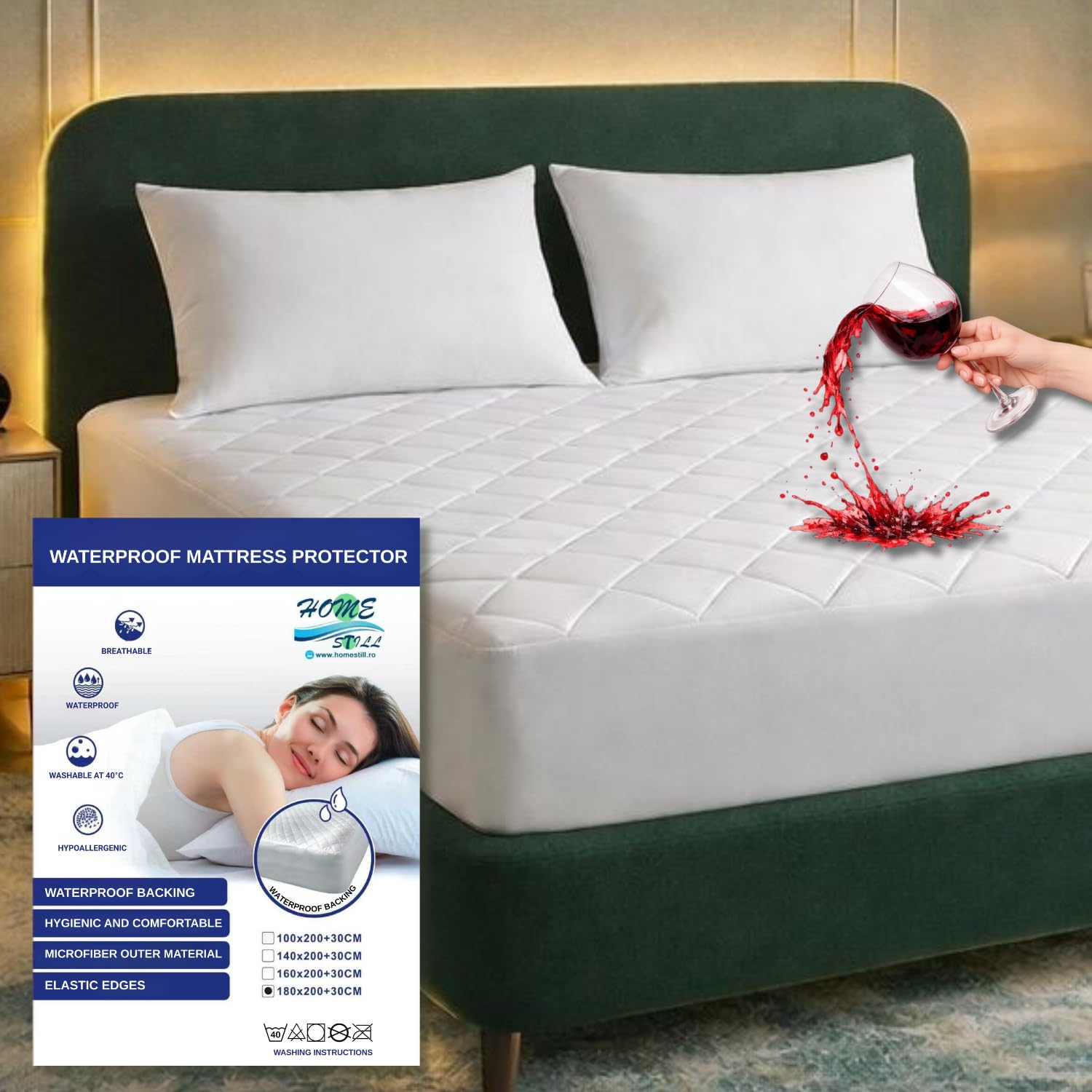 HOME STILL Super King Mattress Protector, 180x200x30 cm, 100% Waterproof Quilted Microfiber Fitted Cover, Breathable Top, Waterproof Bottom, Antibacterial, Machine Washable