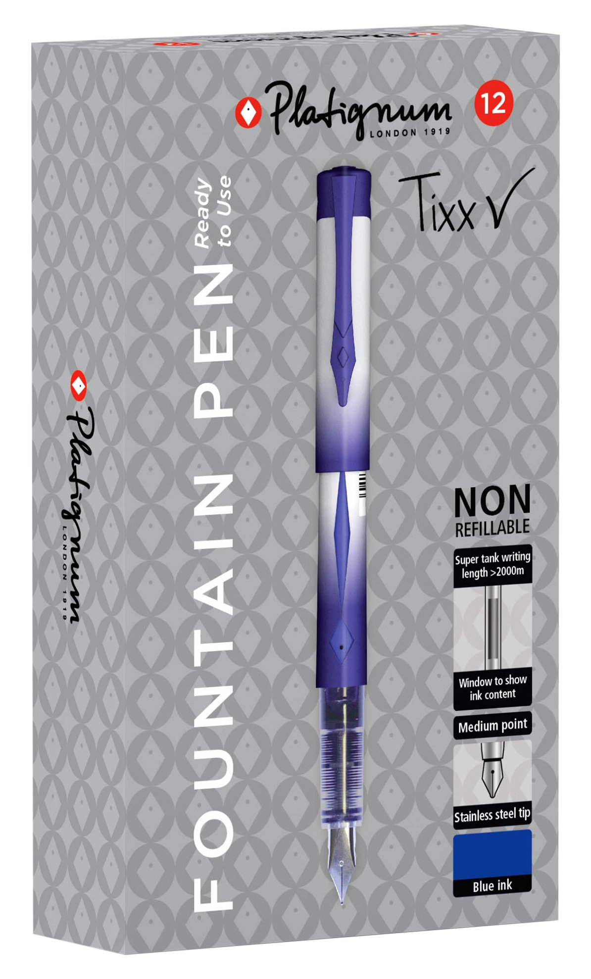 Platignum Tixx Blue Fountain Pen [Pack of 12] 2000 Metre Writing Length [Ref: 50459]
