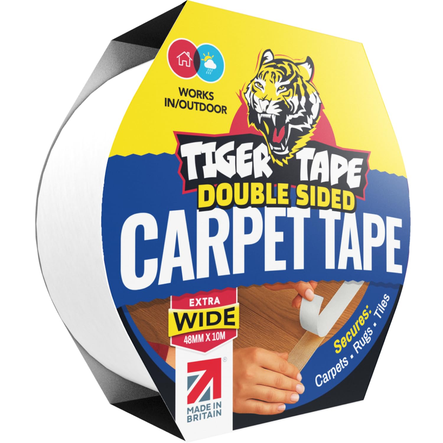 Tiger Tape® Wide Double Sided Carpet Tape | Reinforced Fibre Glass Tiger Technology | Safe for Hard Floors, secures Rugs, Tiles & Carpets. Avoids the use of Sprays, Staples or Glues