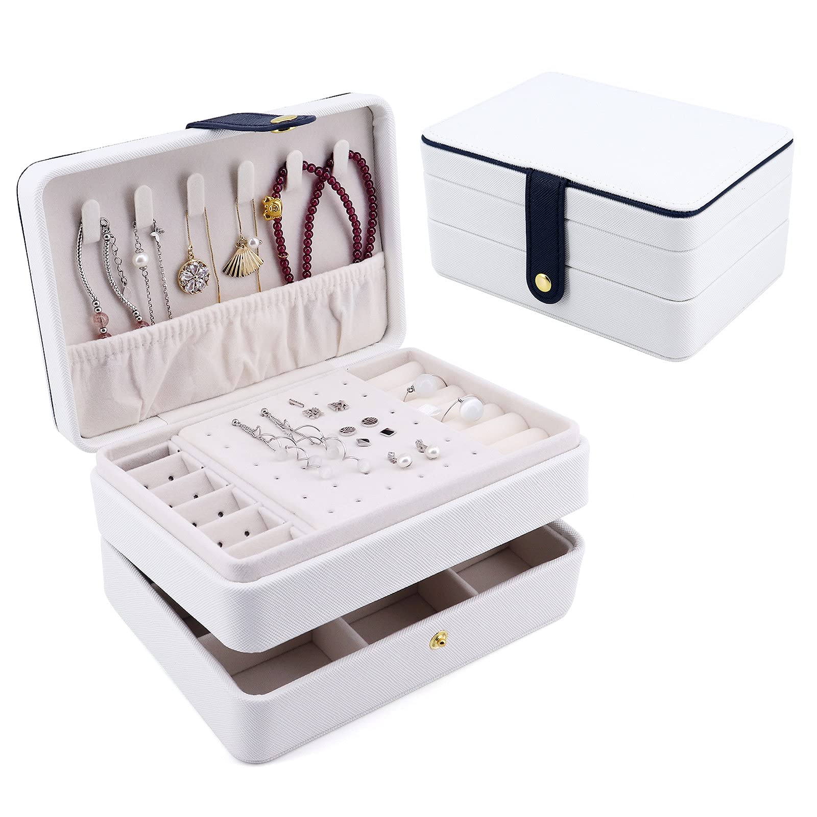 Beowanzk Travel Jewellery Box, Travel Jewellery Organiser, Jewelry Organiser for Women, Leather Jewelry Box, Moisture-Proof Storage, Portable Travel, Anti-Necklace Tangle White