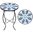 VCUTEKA Patio Side Table Outdoor Accent Table Bistro Coffee Table Plant End Table Small Porch Tables Indoor Round Glass Balcony Blue Flowers 14 inches