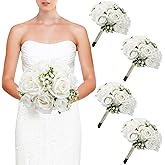 DIYDOFUN Wedding Bridesmaid Bouquets Set of 4, Artificial Silk Flowers Arrangement for Ceremony Marriage Proposal Party Anniversary Decorations - White