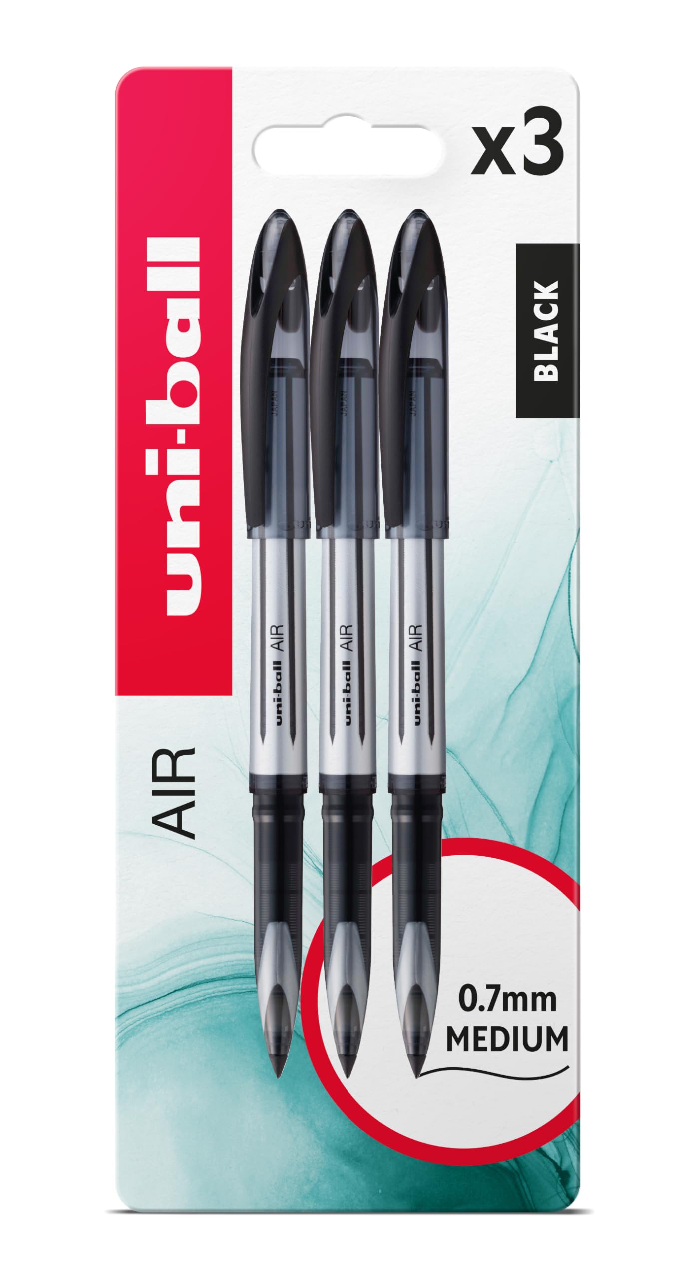 uni-ball UB-188-L Air Rollerball Pens. Premium 0.7mm Medium Nib for Super Smooth Handwriting. Writes Like a Fountain Pen. Fade and Water Resistant Liquid Uni Super Ink. Pack of 3 Black Ballpoint Pens
