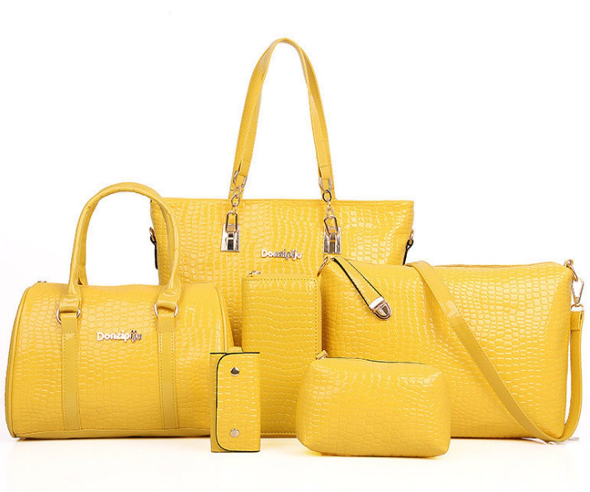 FiveloveTwo Womens Ladies 6 Pieces Handbag Set Hobo Clutch Top Handle Totes Satchels Crossbody Bags and Purse Large Bag+Tote+Shoulder Bag+Wallet+Card Holder Yellow