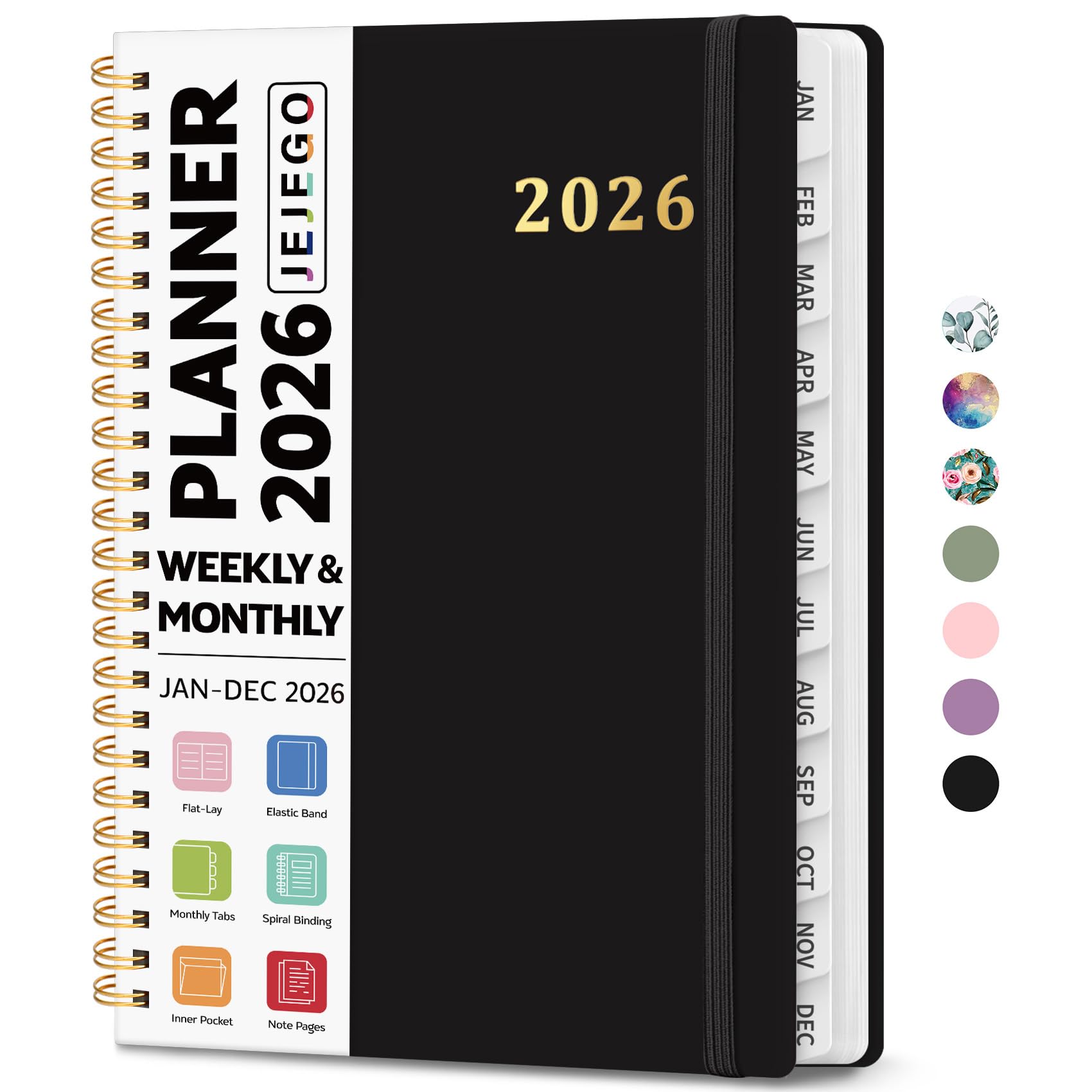 Photo 1 of 2026 Planner, Weekly and Monthly Calendar Planner Book, January 2026 - December 2026, Hardcover Spiral Planner with Monthly Tabs, Notes Pages, Perfect for Women & Men, A5 (6.4" x 8.5") - Black