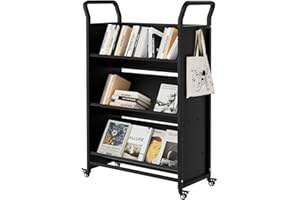 GarveeHome Book Cart, V-Shaped Metal Rolling Cart with 4 Lockable Wheels & Side Hooks, 3-Tier Storage Bookshelf for Home Library School Office Study(32 in x14 in x49 in), Black