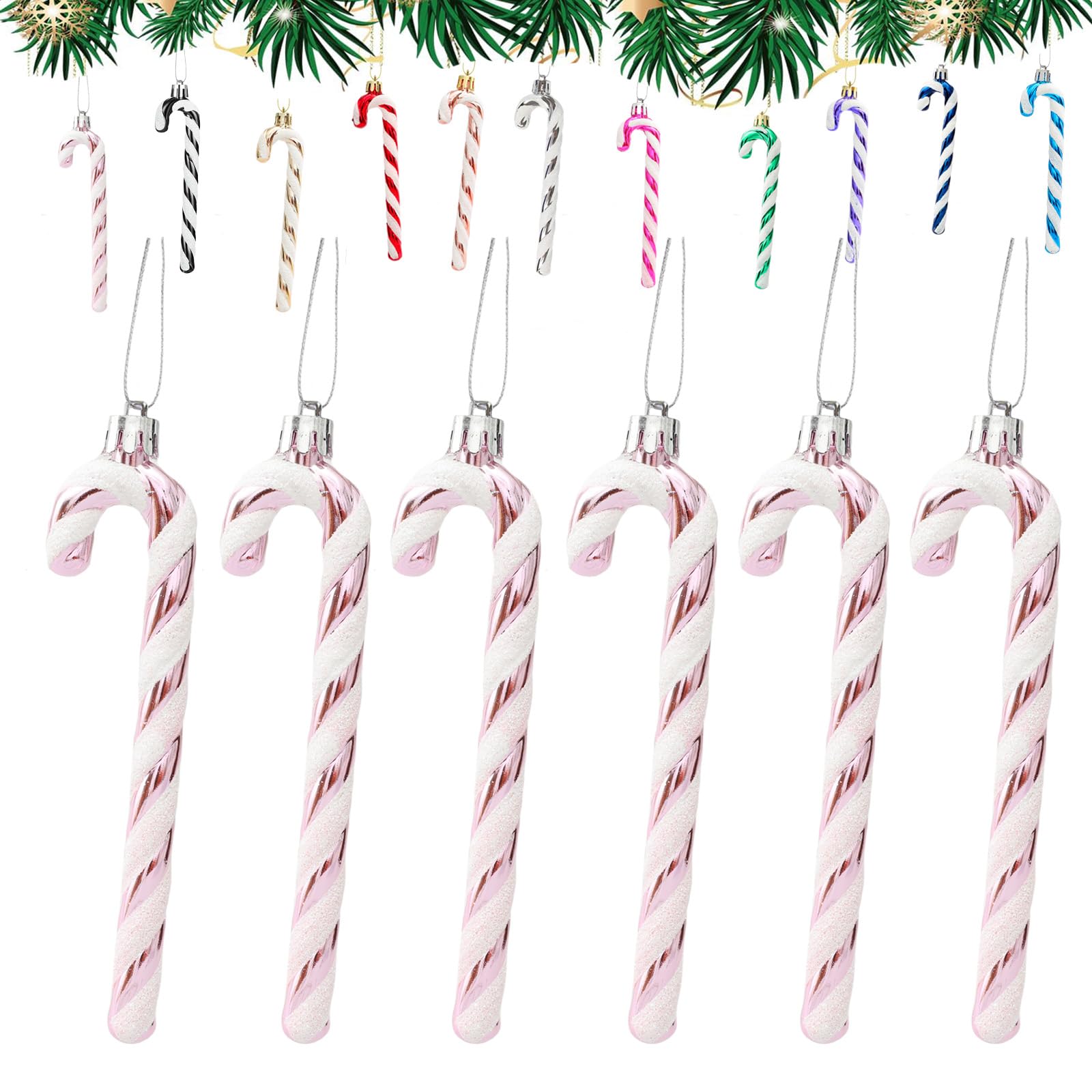 6Pcs Babypink and White Plastic Candy Cane Christmas Tree Decorations 13cm,Christmas Glitter Candy Cane,Christmas Tree Hanging Decorations for Xmas,New Year,Festive Candy Cane Party Decor Supplies