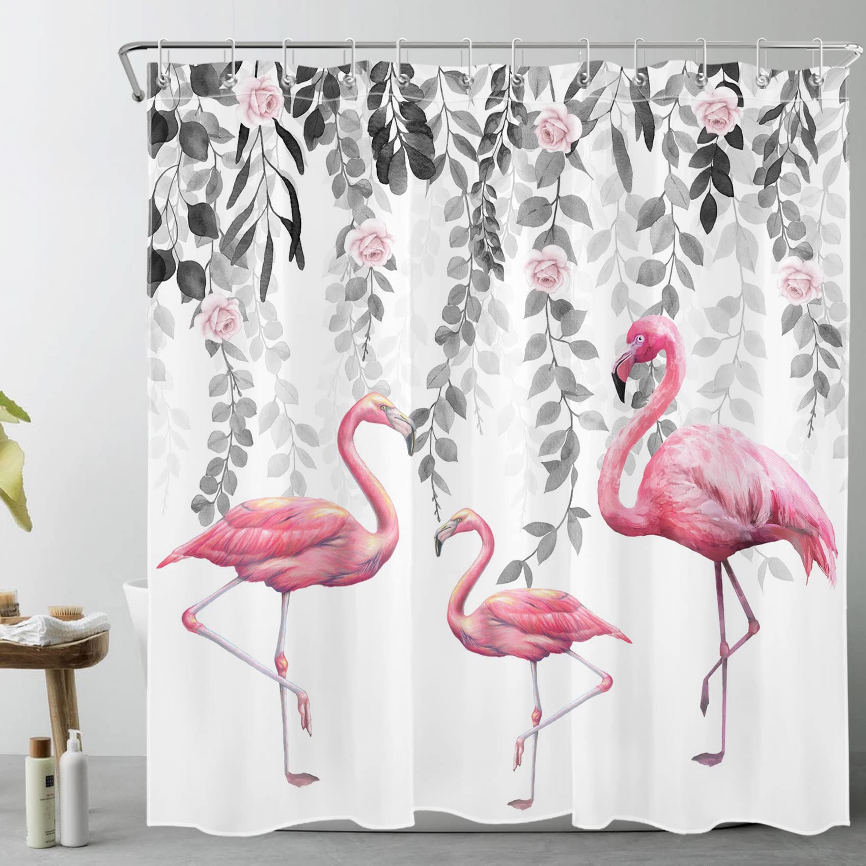 LB Pink Flamingo Shower Curtain Grey Leaf Rose Flower Shower Curtains for Bathroom Nature Plant Tropical Bird Polyester Anti Mould Waterproof Bath Curtain Set with Hooks,71x71 inches