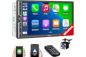 SJOYBRING [Wireless Upgrade] Double Din Car Stereo with Wireless Apple CarPlay & Android Auto, Bluetooth, 4.2-Channel Audio Output, Mirror Link, 7" Touchscreen, Backup Camera, AM/FM Car Radio, for 12V Vehicles