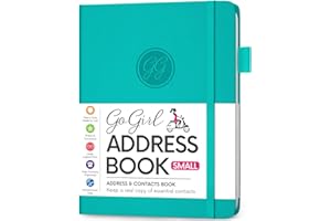 GoGirl Address Book – Telephone and Address Book with Alphabetic Tabs for Safely Storing Contacts, Small-Sized (4.0″ x 5.5″) PU Leather Hardcover – Turquoise
