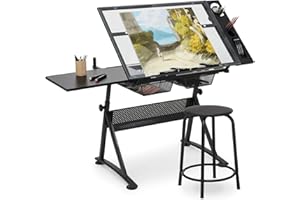 MoNiBloom Adjustable Height Drafting Table with Stool, Modern Style, Tough Glass Top, 28-36 in Length, 19 in Width, 30 in Height, Ideal for Artists, Designers, Office, Studio