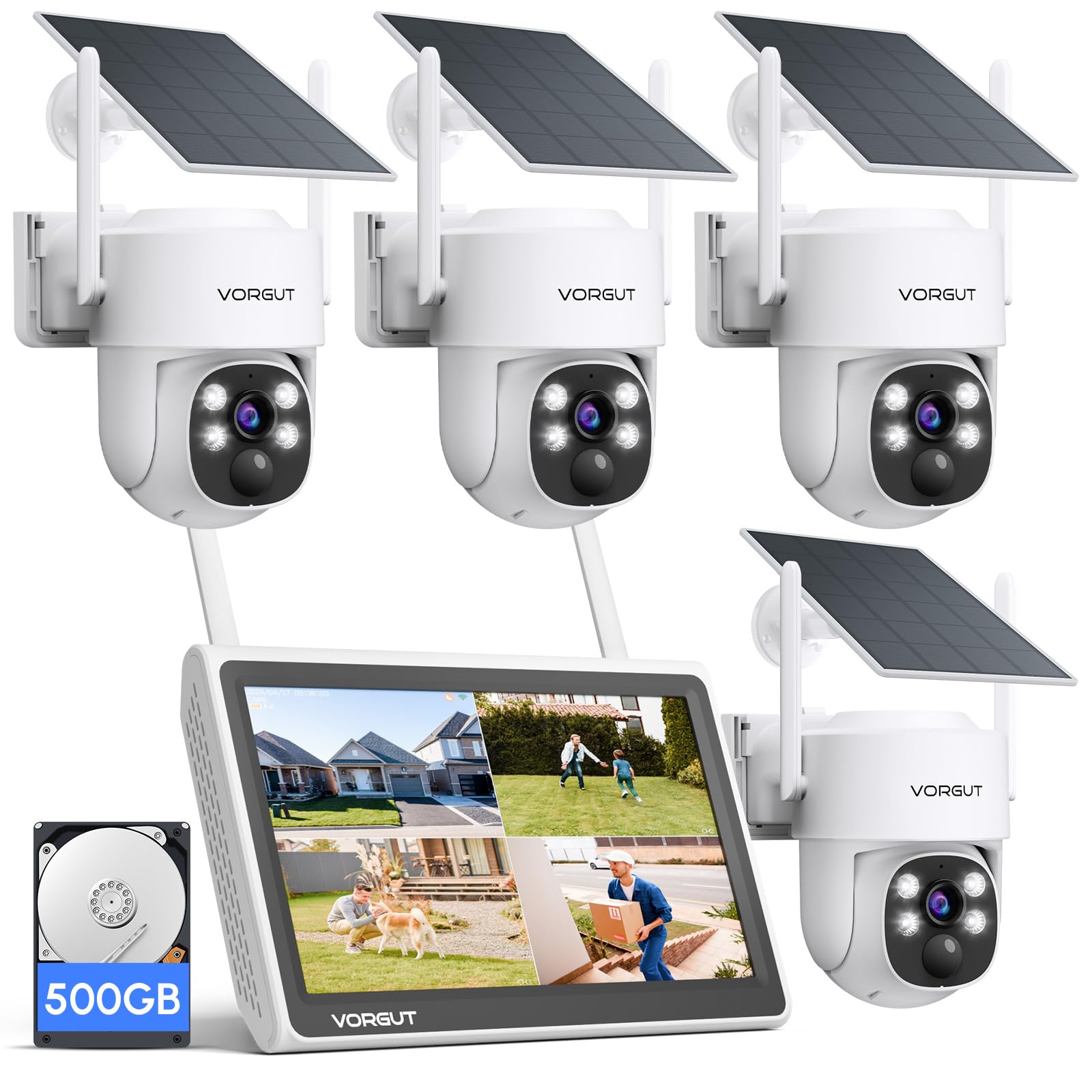 VORGUT Solar Security Camera System, 10" LCD