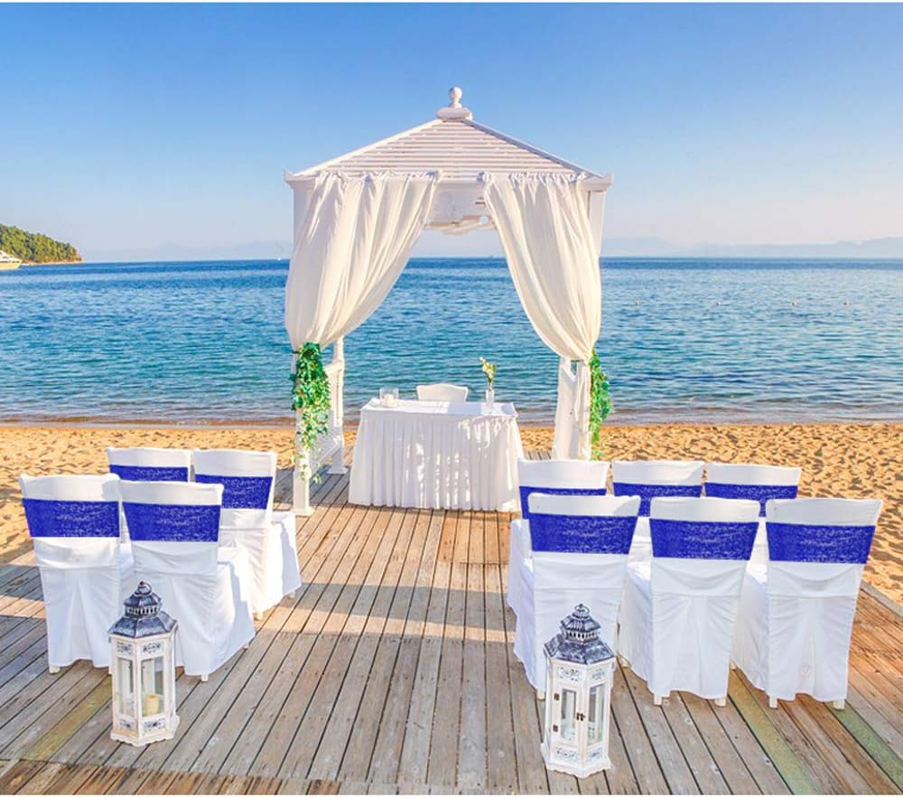 ANMINY Pack of 10 Sequin Chair Sashes Decorative All Around Sequins Stretch Sash Band for Chair Cover Romantic Wedding Party Festival Home Decor Ceremony Banquet Hotel Event Reception, Royal Blue: Kitchen & Dining