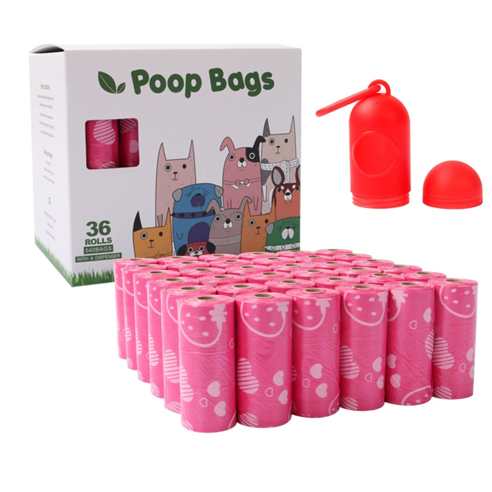 NAERSI® Poo Bags for Dog Waste, 36 Rolls/540 Dog Poop Bags, Super Strong 100% Leak Proof Biodegradable Dog Poo Bags with Dispenser (Pink-Strawberry)