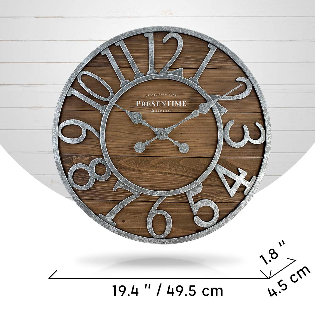 Presentime & Co Vintage Farmhouse Series, Galvanized Rustic Barnwood Clock, 19.5 inch, Galvanized Finish Arabic Numerals with Weathered Natural Barnwood, Farmhouse Décor/Wall Décor
