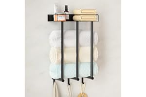 Gotega Towel Racks for Bathroom,Bath Towel Holder with Metal Shelf and 3 Large Hooks, Wall Mounted Rolled Towel Storage Toilet Organizer, Bathroom Towel Rack for Small Bathroom, Black
