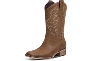 Bybmorto Cowboy Boots for Women Square Toe - Mid Calf Western Cowgirl Boots with Embroidery, Pull On Chunky Heel Fashion Footwear for Daily Casual Party Country Concert