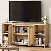 GarveeHome 70 Inch TV Stand, Mid-Century Modern Entertainment Center with Rattan Cabinet Doors, Media Console with Open Shelves, TV Stands for Living Room - Natural