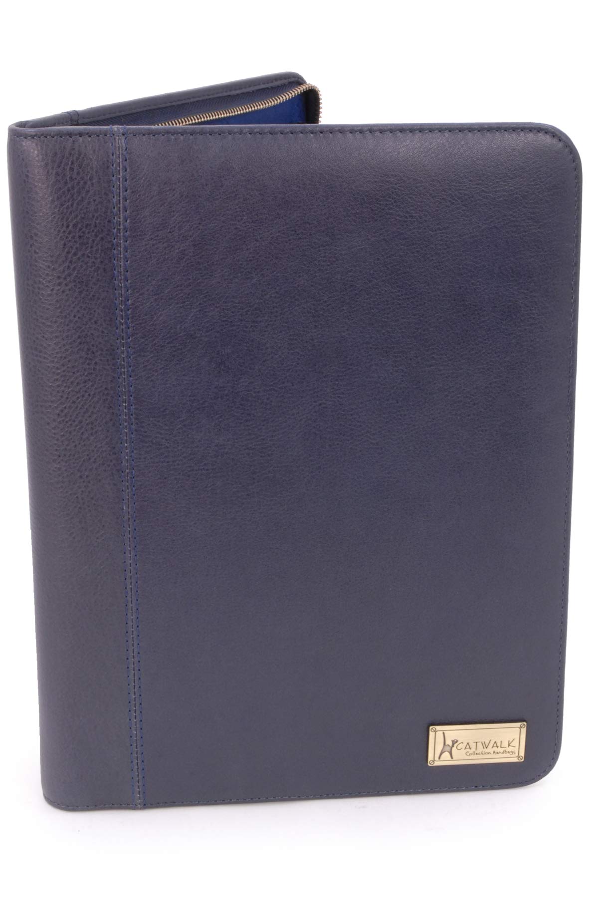 Catwalk Collection Handbags - Women's Leather A4 Zip Conference Folder - Business Document Portfolio with Notepad - Fits Tablet - Chloe - Blue