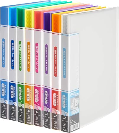 Amazon プラス クリアファイル 透明ポケットファイル 中紙入り 40ポケット カラーミックス 8冊 文房具 オフィス用品 文房具 オフィス用品