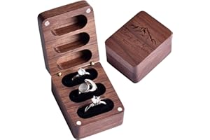 Customized Small Walnut Ring Box for Wedding, Personalized Engraved Flip Wooden Ring Box with 3 Slots, Vintage Wooden Jewelry
