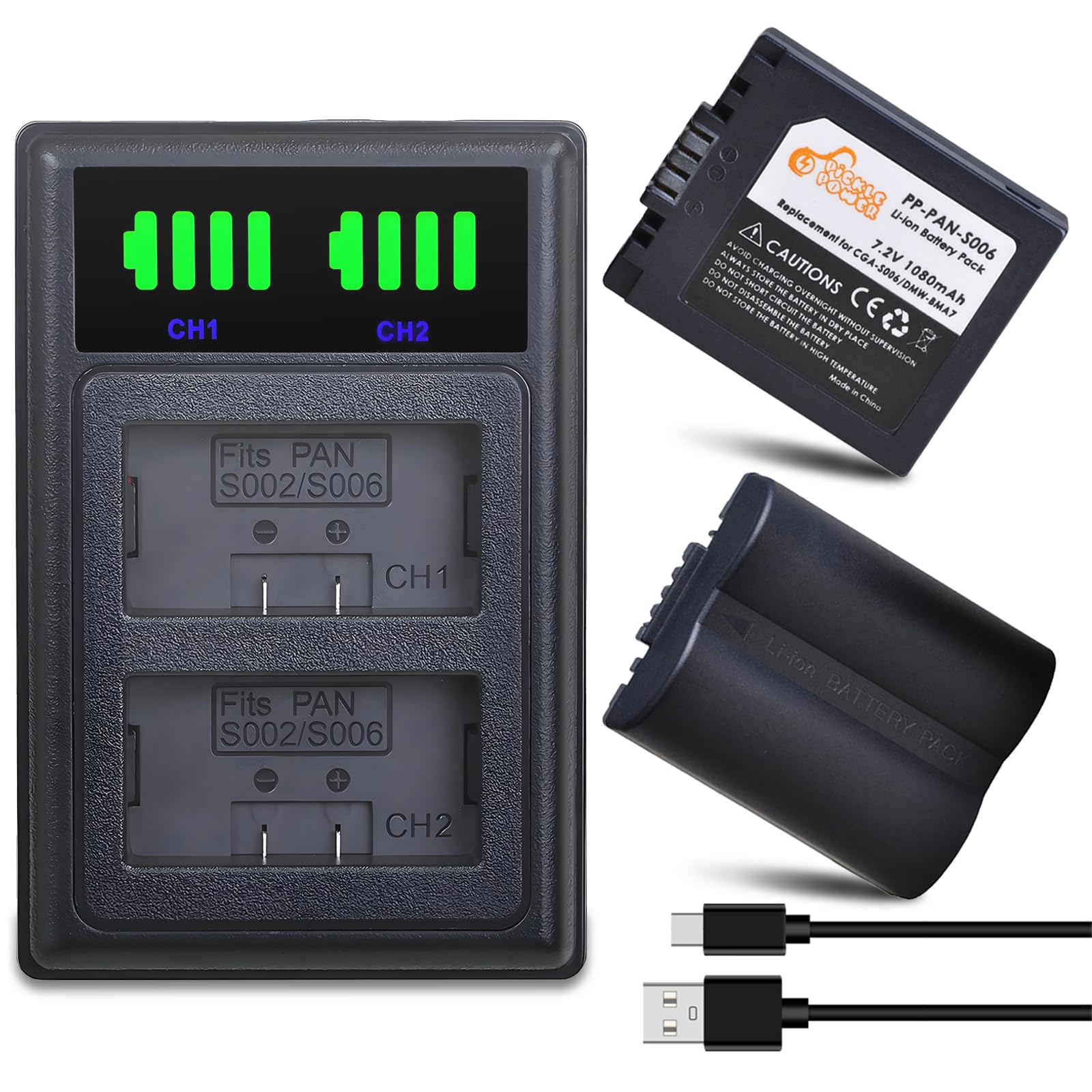 Photo 1 of Pickle Power CGA-S006 CGA-S006E CGR-S006a DMW-BMA7 Battery and LED Dual Charger for Panasonic Lumix DMC-FZ7 DMC-FZ8 DMC-FZ18 DMC-FZ28 DMC-FZ30 DMC-FZ35 DMC-FZ38 DMC-FZ50 Digital Camera