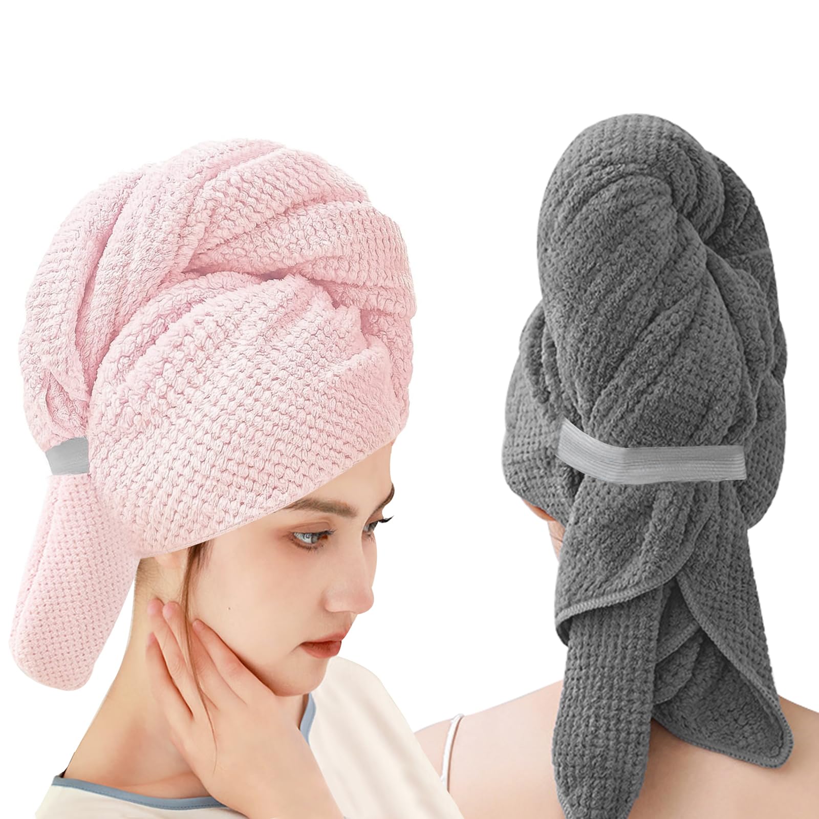 GAOHAN 2 Pack Large Microfibre Hair Drying Towel Wrap Anti-frizz Hair Turbans for Wet Hair Super Absorbent Hair Turban Towels for Women Girl Long Curly Wet Hair (Grey| Pink)