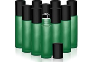 GOT OILS? Your Oil Tools 10 Pack Essential Oil Roller Bottles, 10ml Empty Green Frosted Glass Roll-on with Leak Guard Stainless Steel Roller Balls & Black Caps for oils and perfume