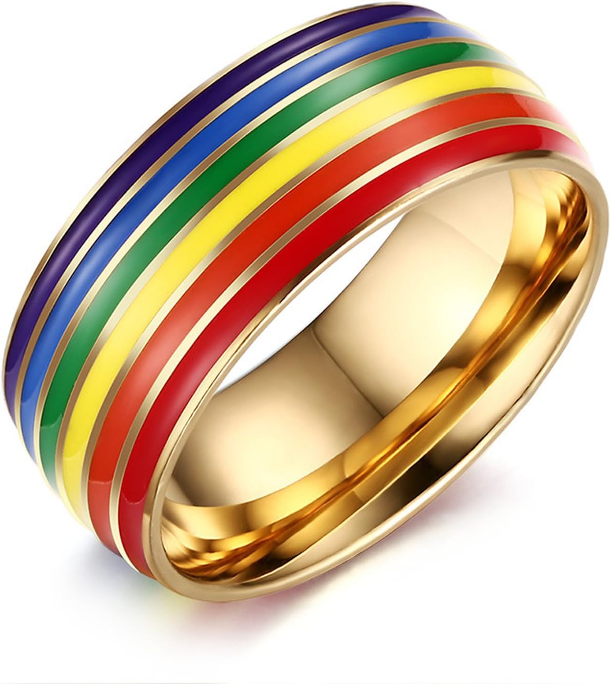 8mm Stainless Steel Enamel Rainbow LGBT Pride Ring for Lesbian & Gay Wedding Engagement Band