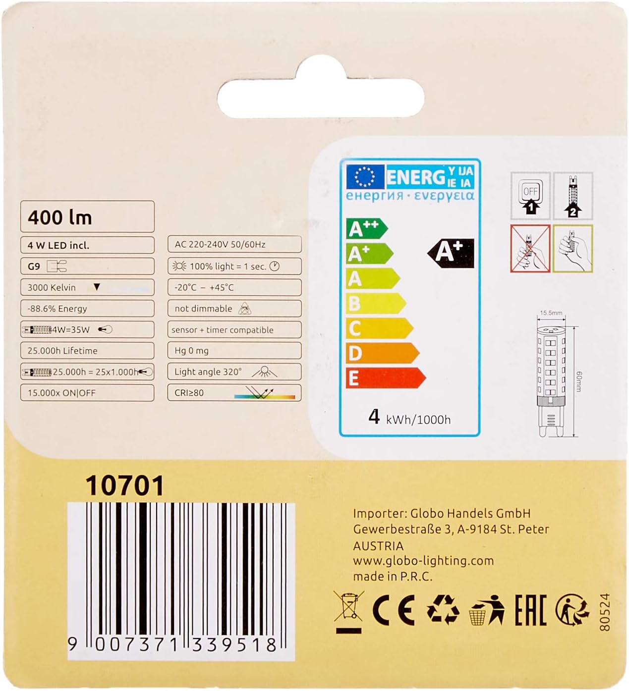 Globo LED LEUCHTMITTEL Kunststoff WEIß, 1XG9 LED LED Lamp, White - Image 3
