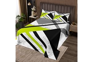 Erosebridal Lime Green Black Queen Quilt Set Green Black Grey Abstract Coverlet Set for Kids Boys Girls Geometric Triangle St