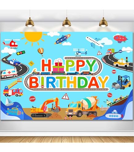 MEHOFOTO Transportation Birthday Party Backdrop Automobile Train Planes Car Truck Boy 1st Birthday Blue Sky White Cloud Green Lawn Photography Background Photo Booth Banner 7 X 5 Ft
