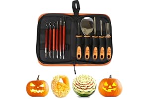 Halloween pumpkin carving kit, 11-piece professional carving tool set with pumpkin lantern and storage cloth bag, orange and 