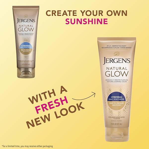 JERGENS NATURAL GLOW +FIRMING SELF TANNER BODY LOTION, FAIR TO MEDIUM SKIN TONE, SUNLESS TANNING MOISTURIZER WITH COLLAGEN AND ELASTIN, HELPS TO VISIBLY REDUCE CELLULITE, 7.5 FL OZ