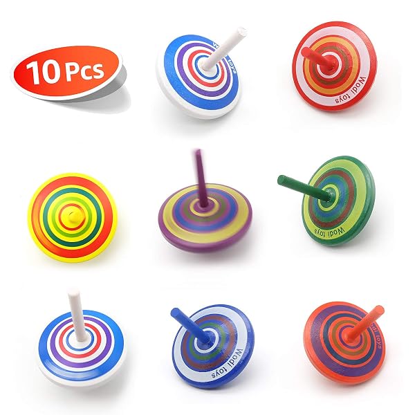 10-Piece Wooden Spinning Tops Set, Colorful Party Favors & Desktop Fun Game | Painted Wooden Gyroscopes for Group Play,
