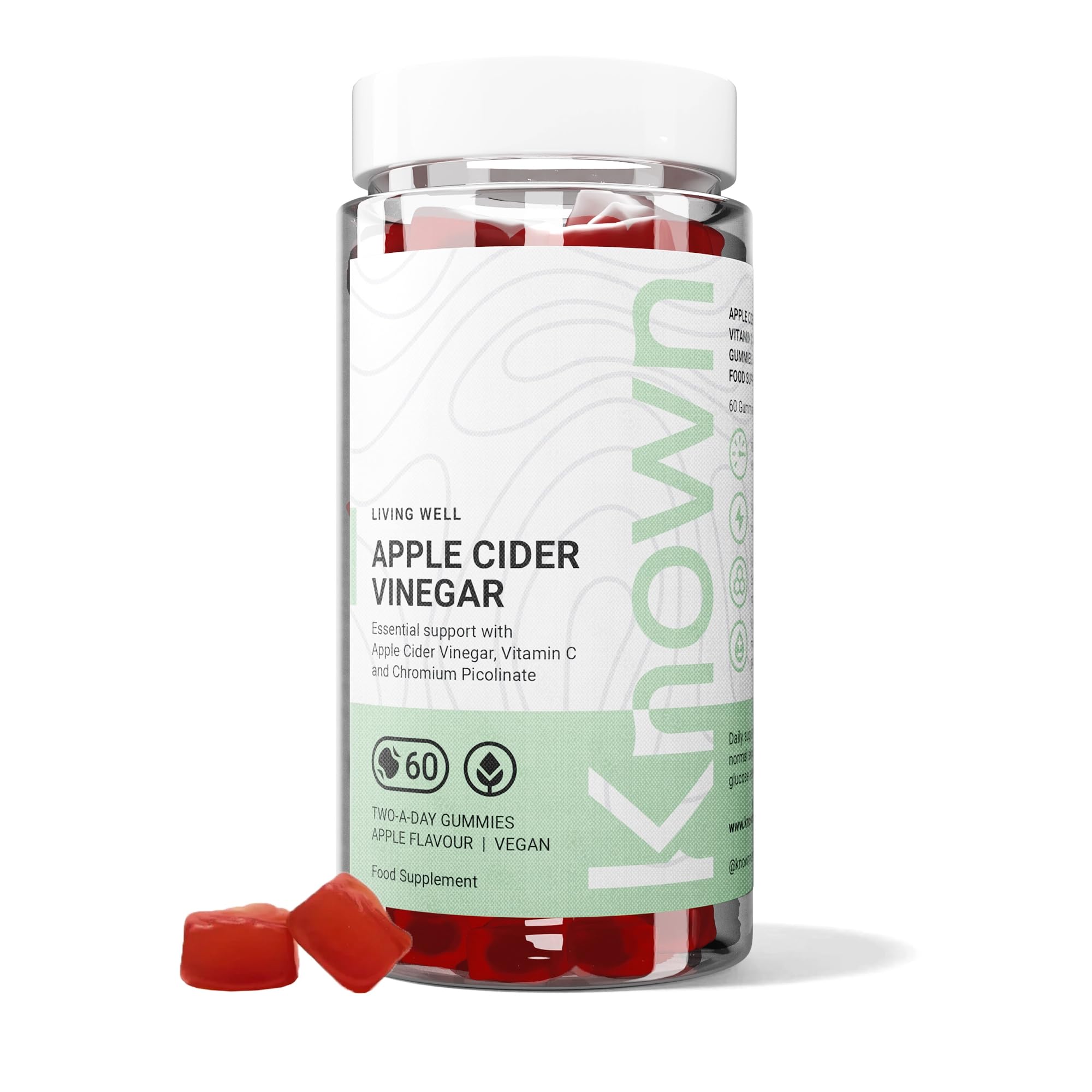 Known Tasty Apple Cider Vinegar Gummies - 1000mg ACV, Vitamin C, Chromium for Metabolism - Natural Apple Flavour - 60 Vegan Gummies, 1 Month Supply