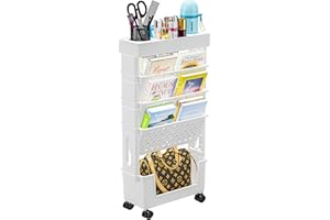 YFXCVSL 5 Tier Book Rack Storage Bookshelf, Rolling Utility Cart Multi-Functional Movable Storage Book Shelves with Lockable Casters, Mobile Bookshelf with Wheels, Movable Unique Bookcase Small Rolling Cart