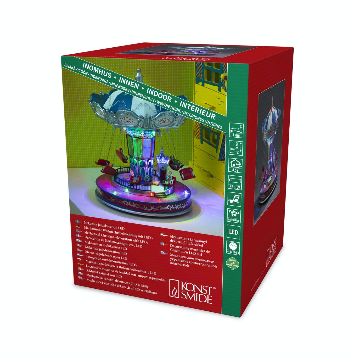 Konstsmide Christmas Lights Christmas Carousel LED Christmas Scene/Ten Colourful LEDs/Transformer or Battery Operation/Optional Eight Song Music Function / 21cm Wide 26.5cm High 26.5 x 21 cm
