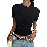 SHENHE Women's Button Down Cardigan Crew Neck Short Sleeve Lightweight Knit Fitted Sweaters