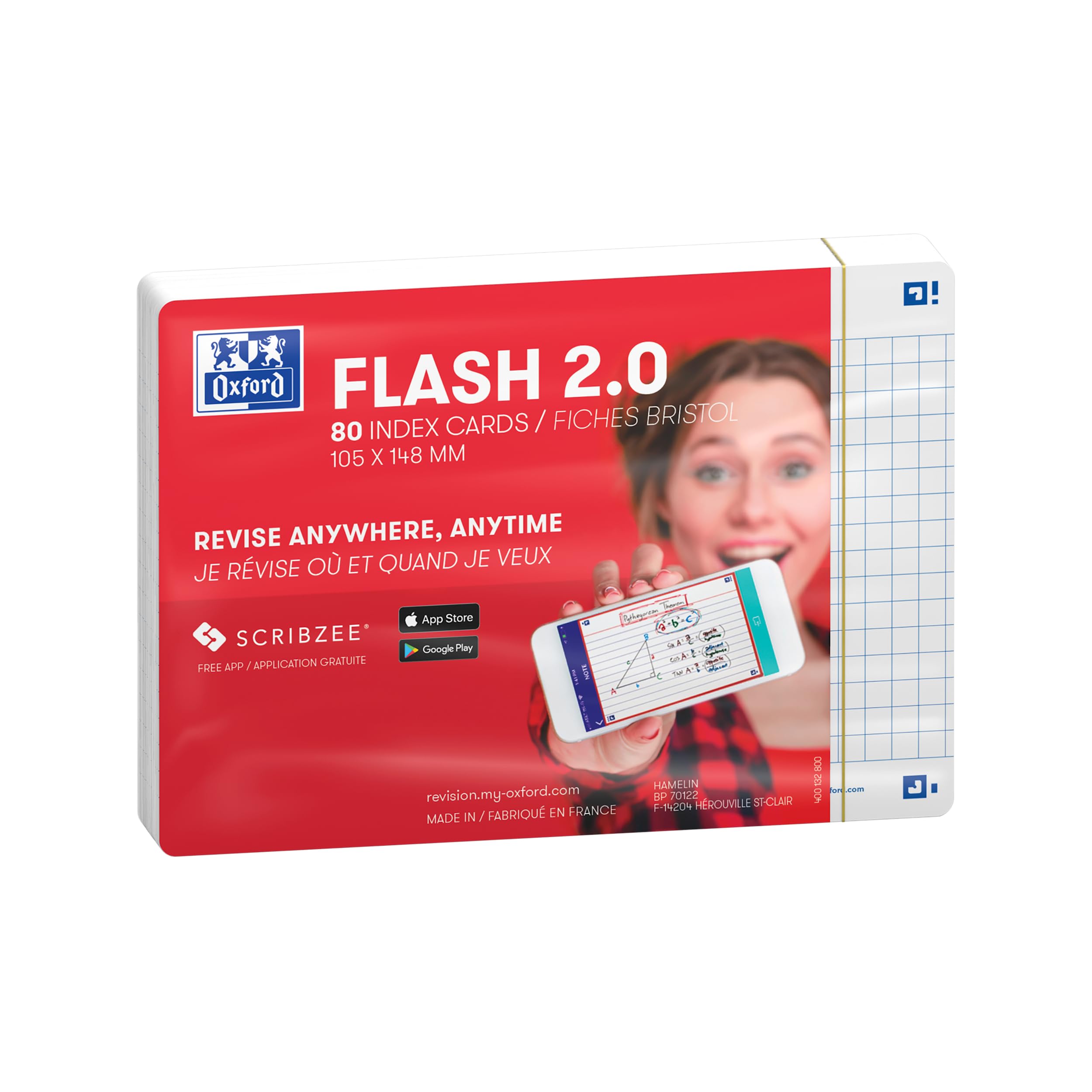 Oxford Flash 2.0 Pack of 80 Flash Cards A6 Format (10.5 x 14.8 cm) Small Squares Double-Sided – White Frame – Bristol Cards