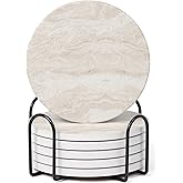 Hoomey Set of 6 Light Beige Abstract Onyx Marble Coasters with Holder, Absorbent Ceramic Drink Coasters for Table Protection, Coffee Table Decor