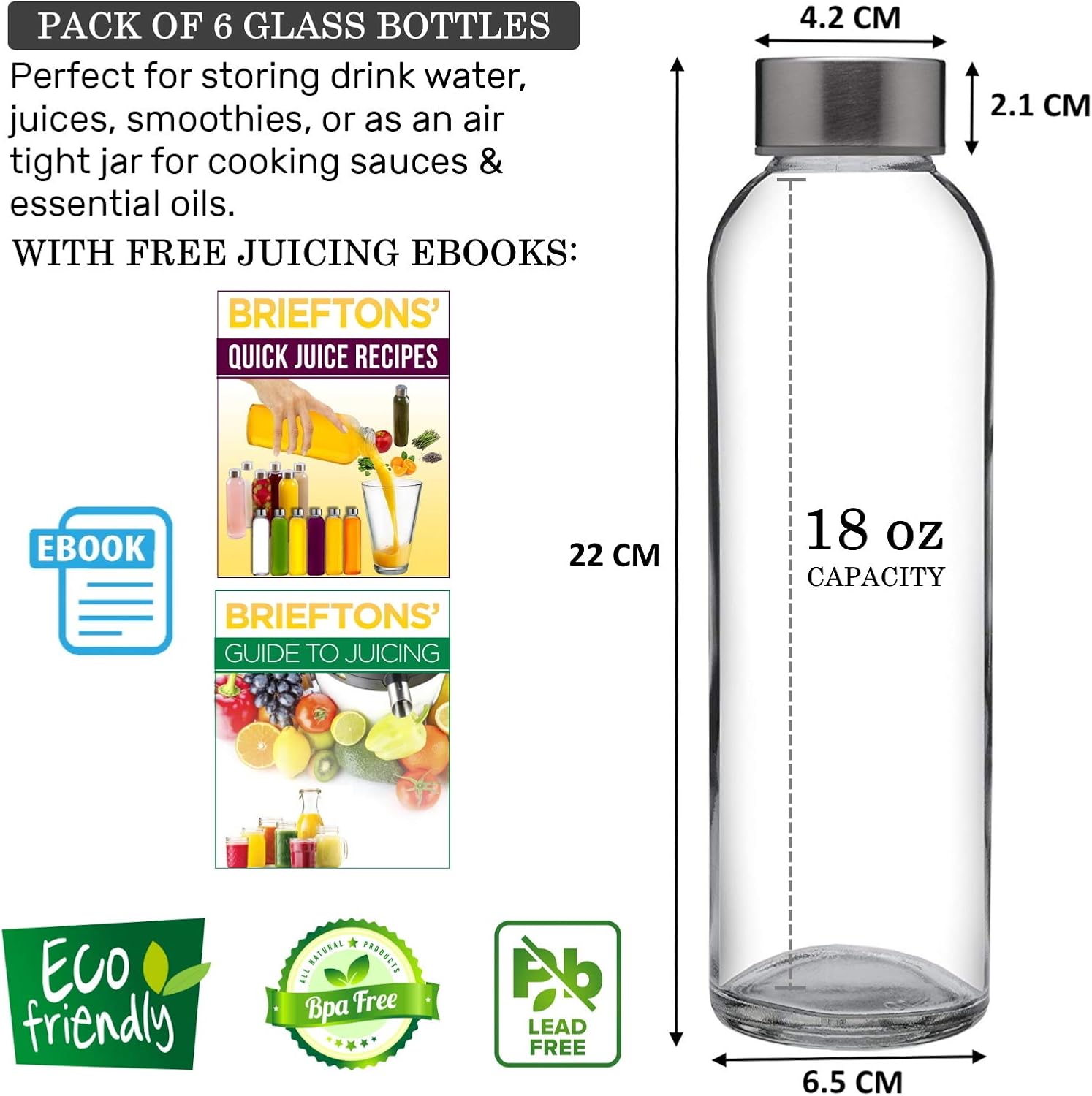 Brieftons Glass Water Bottles: 6 Pack, 18 Oz, Stainless Steel Leak Proof Lid, Premium Soda Lime, Best As Reusable Drinking Bottle, Sauce Jar, Juice Beverage Container, Kefir Kit - With Cleaning Brush : Sports & Outdoors